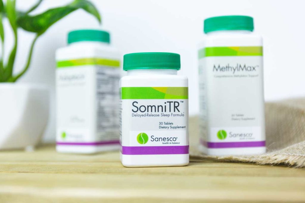 SomniTR on the table next to other Sanesco specialty formulas